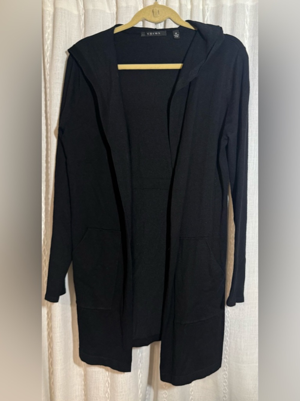 Cyrus, black hooded sweater. Open front w/ side pockets. Sz. M